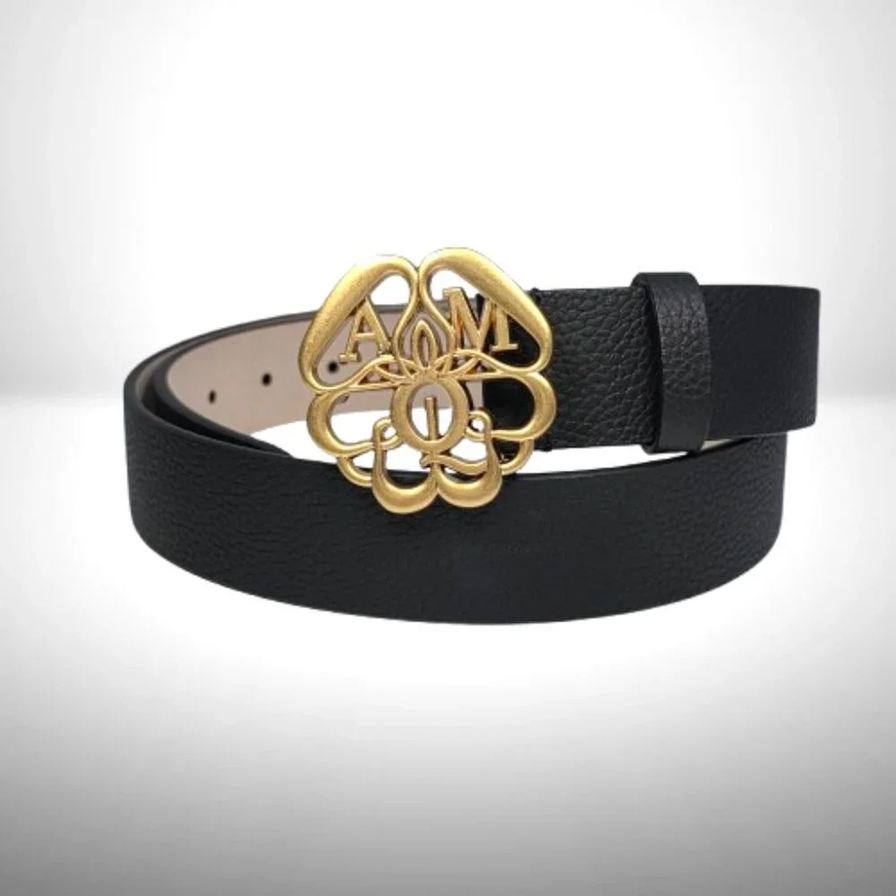 Alexander McQueen Black Pebbled Leather Belt w/ Gold “AM” Monogram Buckle — Size - Picture 2 of 8